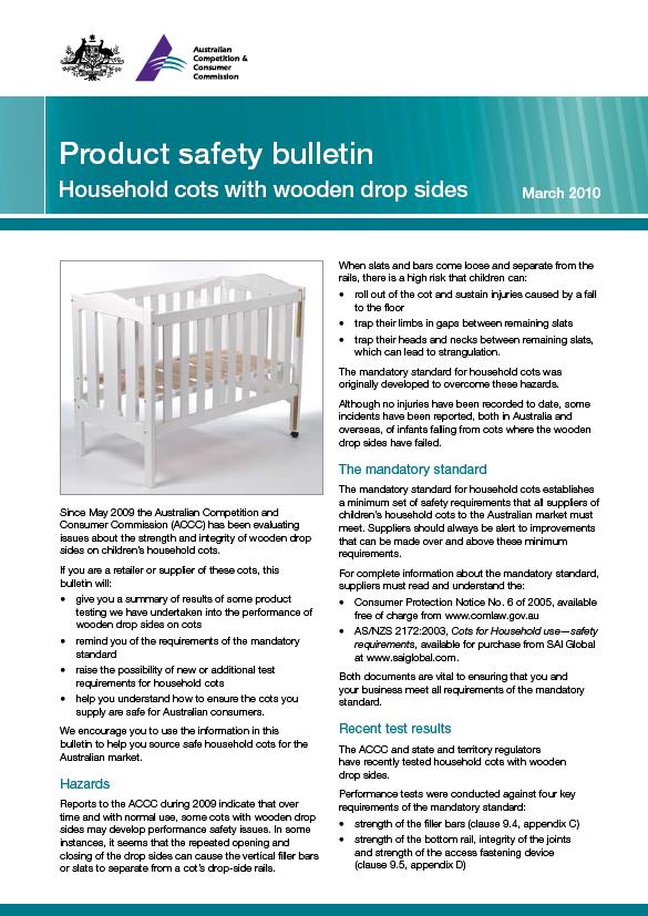 Household cots with wooden drop sides Supplier bulletin Product